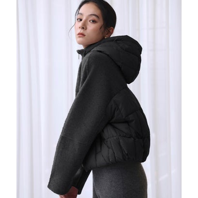 【2026AW】【S～Mサイズ展開】【ダウン90％】ウール混異素材ドッキングフード付きショートダウンブルゾン （ブラック）｜詳細画像