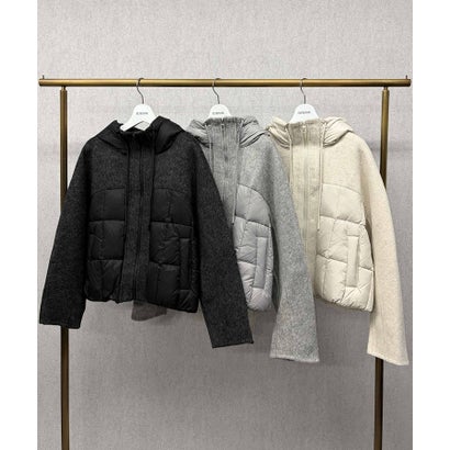 【2026AW】【S～Mサイズ展開】【ダウン90％】ウール混異素材ドッキングフード付きショートダウンブルゾン （ライトグレー）｜詳細画像