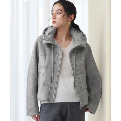 【2026AW】【S～Mサイズ展開】【ダウン90％】ウール混異素材ドッキングフード付きショートダウンブルゾン （ライトグレー）｜詳細画像