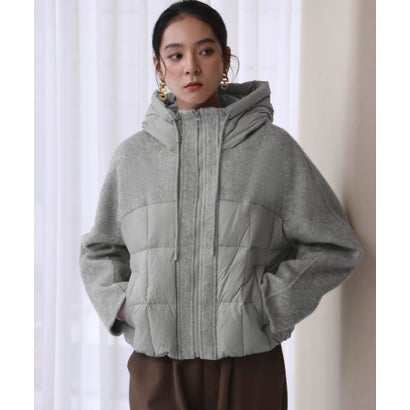 【2026AW】【S～Mサイズ展開】【ダウン90％】ウール混異素材ドッキングフード付きショートダウンブルゾン （ライトグレー）｜詳細画像