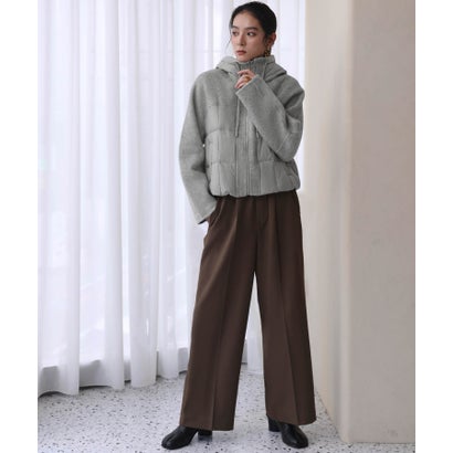 【2026AW】【S～Mサイズ展開】【ダウン90％】ウール混異素材ドッキングフード付きショートダウンブルゾン （ライトグレー）｜詳細画像