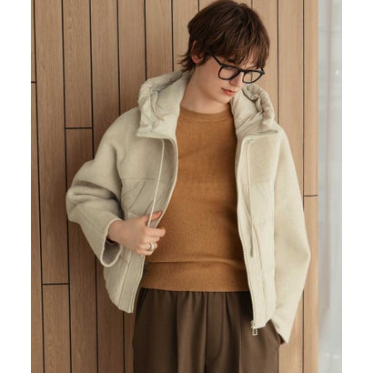 【2026AW】【S～Mサイズ展開】【ダウン90％】ウール混異素材ドッキングフード付きショートダウンブルゾン （アイボリー）｜詳細画像