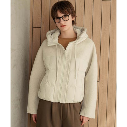 【2026AW】【S～Mサイズ展開】【ダウン90％】ウール混異素材ドッキングフード付きショートダウンブルゾン （アイボリー）｜詳細画像