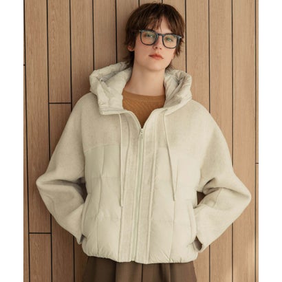 【2026AW】【S～Mサイズ展開】【ダウン90％】ウール混異素材ドッキングフード付きショートダウンブルゾン （アイボリー）｜詳細画像