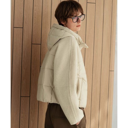 【2026AW】【S～Mサイズ展開】【ダウン90％】ウール混異素材ドッキングフード付きショートダウンブルゾン （アイボリー）｜詳細画像