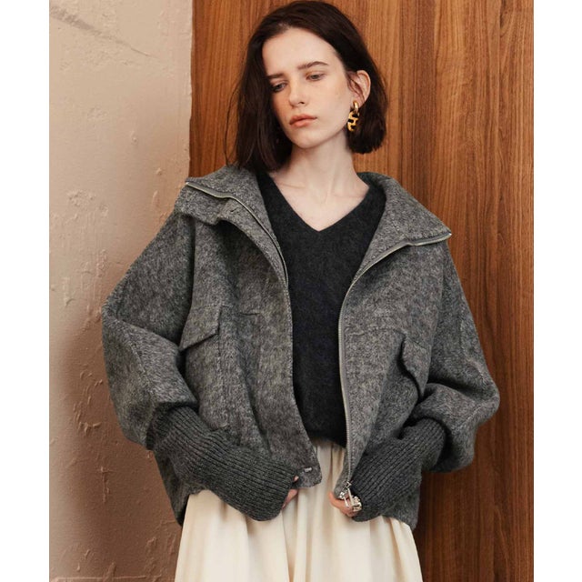 【2026AW】【上質ウール70％ / M・L】ニットドッキングハイネックダブルジップショート丈コート （グレー）