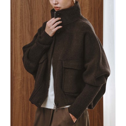 エルフランク ELFRANK 【2026AW】【上質ウール70％ / M・L】ニットドッキングハイネックダブルジップショート丈コート （ブラウン）｜詳細画像
