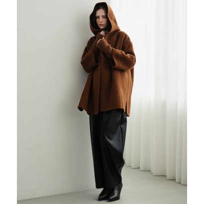 【2026AW】【上質ウール70％】リブニット切り替えショールカラーベルト付きハーフコート ガウンコート （キャメル）｜詳細画像