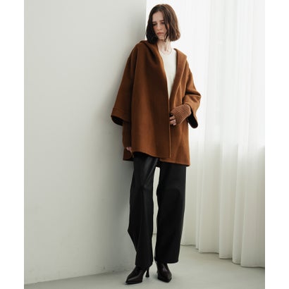 【2026AW】【上質ウール70％】リブニット切り替えショールカラーベルト付きハーフコート ガウンコート （キャメル）｜詳細画像