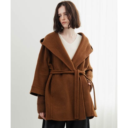 【2026AW】【上質ウール70％】リブニット切り替えショールカラーベルト付きハーフコート ガウンコート （キャメル）｜詳細画像
