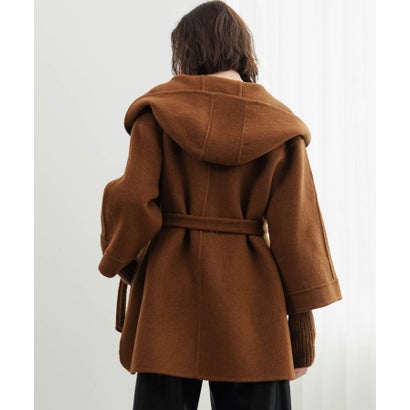 【2026AW】【上質ウール70％】リブニット切り替えショールカラーベルト付きハーフコート ガウンコート （キャメル）｜詳細画像