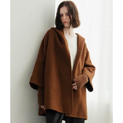 【2026AW】【上質ウール70％】リブニット切り替えショールカラーベルト付きハーフコート ガウンコート （キャメル）｜詳細画像