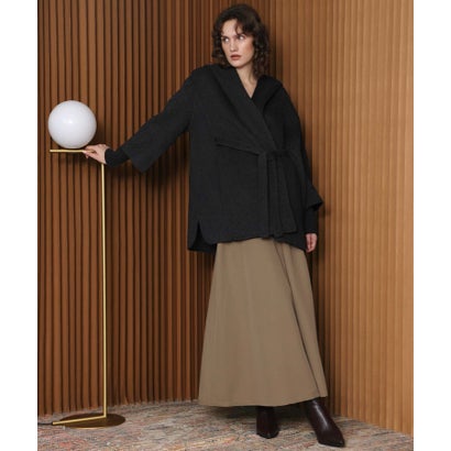 【2026AW】【上質ウール70％】リブニット切り替えショールカラーベルト付きハーフコート ガウンコート （ブラック）｜詳細画像