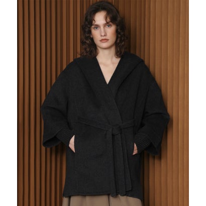 【2026AW】【上質ウール70％】リブニット切り替えショールカラーベルト付きハーフコート ガウンコート （ブラック）｜詳細画像