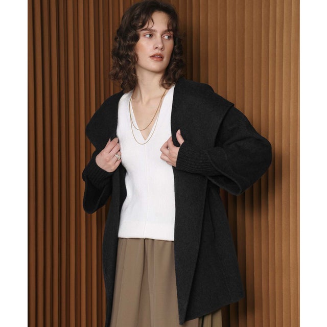 【2026AW】【上質ウール70％】リブニット切り替えショールカラーベルト付きハーフコート ガウンコート （ブラック）