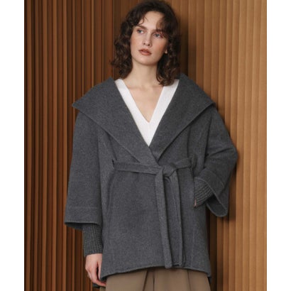 【2026AW】【上質ウール70％】リブニット切り替えショールカラーベルト付きハーフコート ガウンコート （グレー）｜詳細画像