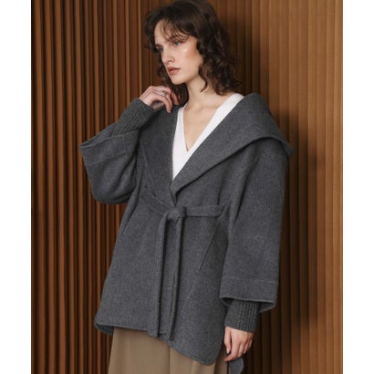 【2026AW】【上質ウール70％】リブニット切り替えショールカラーベルト付きハーフコート ガウンコート （グレー）｜詳細画像