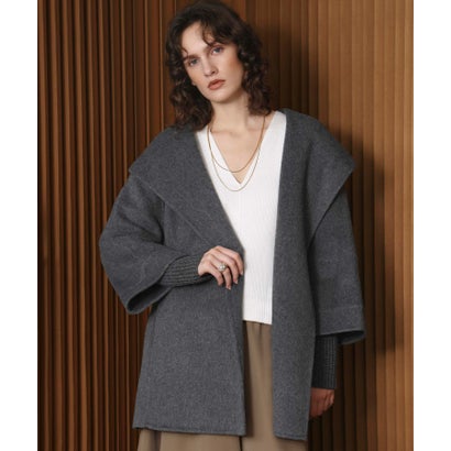 【2026AW】【上質ウール70％】リブニット切り替えショールカラーベルト付きハーフコート ガウンコート （グレー）｜詳細画像