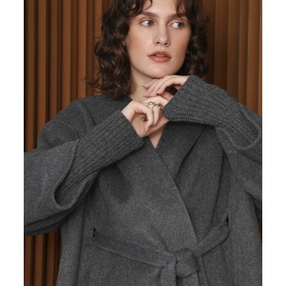 【2026AW】【上質ウール70％】リブニット切り替えショールカラーベルト付きハーフコート ガウンコート （グレー）｜詳細画像