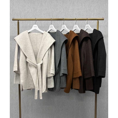 【2026AW】【上質ウール70％】リブニット切り替えショールカラーベルト付きハーフコート ガウンコート （ブラウン）｜詳細画像
