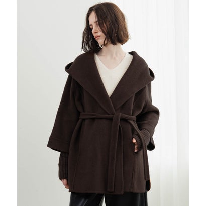 【2026AW】【上質ウール70％】リブニット切り替えショールカラーベルト付きハーフコート ガウンコート （ブラウン）｜詳細画像