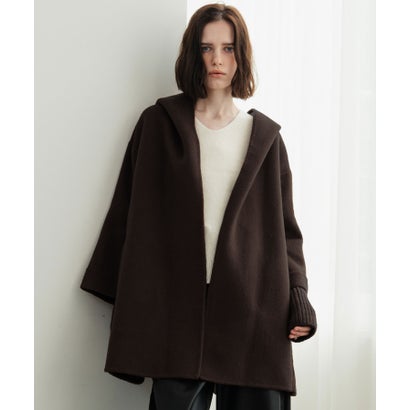 【2026AW】【上質ウール70％】リブニット切り替えショールカラーベルト付きハーフコート ガウンコート （ブラウン）｜詳細画像