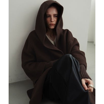 【2026AW】【上質ウール70％】リブニット切り替えショールカラーベルト付きハーフコート ガウンコート （ブラウン）｜詳細画像