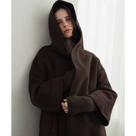 【2026AW】【上質ウール70％】リブニット切り替えショールカラーベルト付きハーフコート ガウンコート （ブラウン）