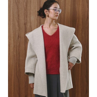 【2026AW】【上質ウール70％】リブニット切り替えショールカラーベルト付きハーフコート ガウンコート （ベージュ）｜詳細画像
