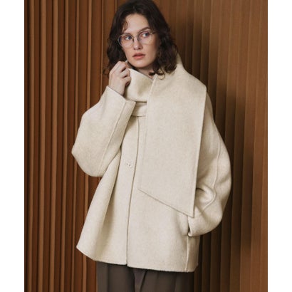 【2026AW】【S～Mサイズ展開】【ウール65％仕立て / 2WAY】マフラー付き ノーカラージャケットコート / 外してジャケット見え・防寒 （ベージュ）｜詳細画像