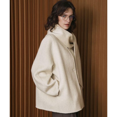 【2026AW】【S～Mサイズ展開】【ウール65％仕立て / 2WAY】マフラー付き ノーカラージャケットコート / 外してジャケット見え・防寒 （ベージュ）｜詳細画像