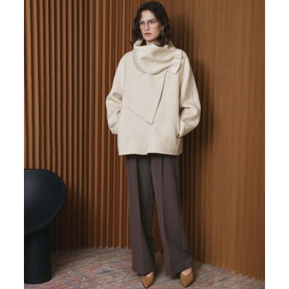 【2026AW】【S～Mサイズ展開】【ウール65％仕立て / 2WAY】マフラー付き ノーカラージャケットコート / 外してジャケット見え・防寒 （ベージュ）｜詳細画像