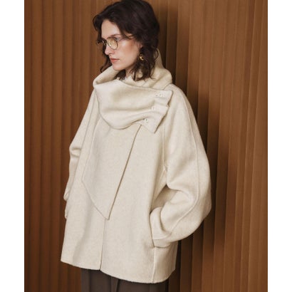 【2026AW】【S～Mサイズ展開】【ウール65％仕立て / 2WAY】マフラー付き ノーカラージャケットコート / 外してジャケット見え・防寒 （ベージュ）｜詳細画像