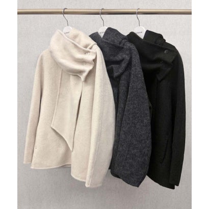 【2026AW】【S～Mサイズ展開】【ウール65％仕立て / 2WAY】マフラー付き ノーカラージャケットコート / 外してジャケット見え・防寒 （ベージュ）｜詳細画像