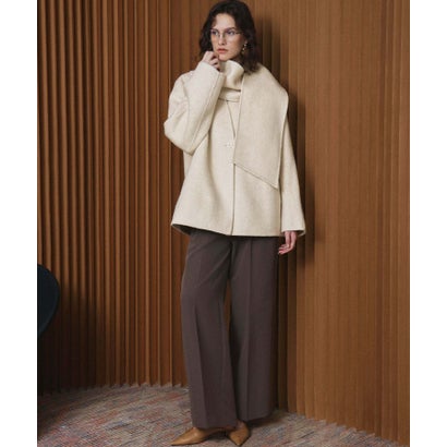 【2026AW】【S～Mサイズ展開】【ウール65％仕立て / 2WAY】マフラー付き ノーカラージャケットコート / 外してジャケット見え・防寒 （ベージュ）｜詳細画像