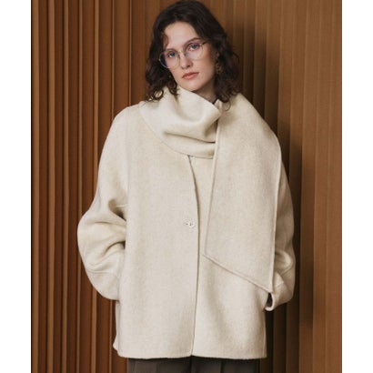 【2026AW】【S～Mサイズ展開】【ウール65％仕立て / 2WAY】マフラー付き ノーカラージャケットコート / 外してジャケット見え・防寒 （ベージュ）｜詳細画像