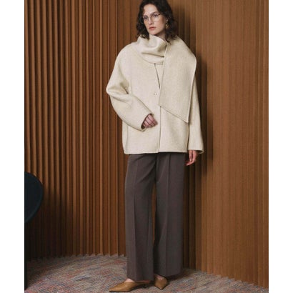 【2026AW】【S～Mサイズ展開】【ウール65％仕立て / 2WAY】マフラー付き ノーカラージャケットコート / 外してジャケット見え・防寒 （ベージュ）｜詳細画像