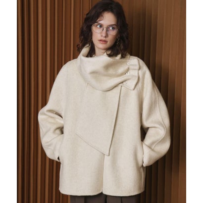 【2026AW】【S～Mサイズ展開】【ウール65％仕立て / 2WAY】マフラー付き ノーカラージャケットコート / 外してジャケット見え・防寒 （ベージュ）｜詳細画像