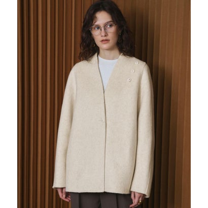 【2026AW】【S～Mサイズ展開】【ウール65％仕立て / 2WAY】マフラー付き ノーカラージャケットコート / 外してジャケット見え・防寒 （ベージュ）｜詳細画像