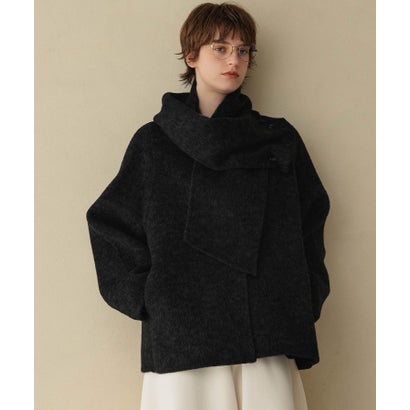 【2026AW】【S～Mサイズ展開】【ウール65％仕立て / 2WAY】マフラー付き ノーカラージャケットコート / 外してジャケット見え・防寒 （ブラック）｜詳細画像