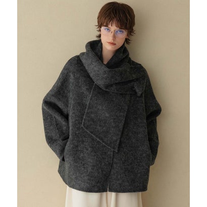 【2026AW】【S～Mサイズ展開】【ウール65％仕立て / 2WAY】マフラー付き ノーカラージャケットコート / 外してジャケット見え・防寒 （チャコールグレー）｜詳細画像