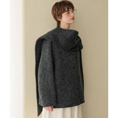 【2026AW】【S～Mサイズ展開】【ウール65％仕立て / 2WAY】マフラー付き ノーカラージャケットコート / 外してジャケット見え・防寒 （チャコールグレー）｜詳細画像