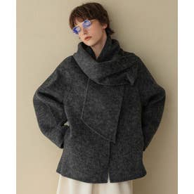 【2026AW】【S～Mサイズ展開】【ウール65％仕立て / 2WAY】マフラー付き ノーカラージャケットコート / 外してジャケット見え・防寒 （チャコールグレー）