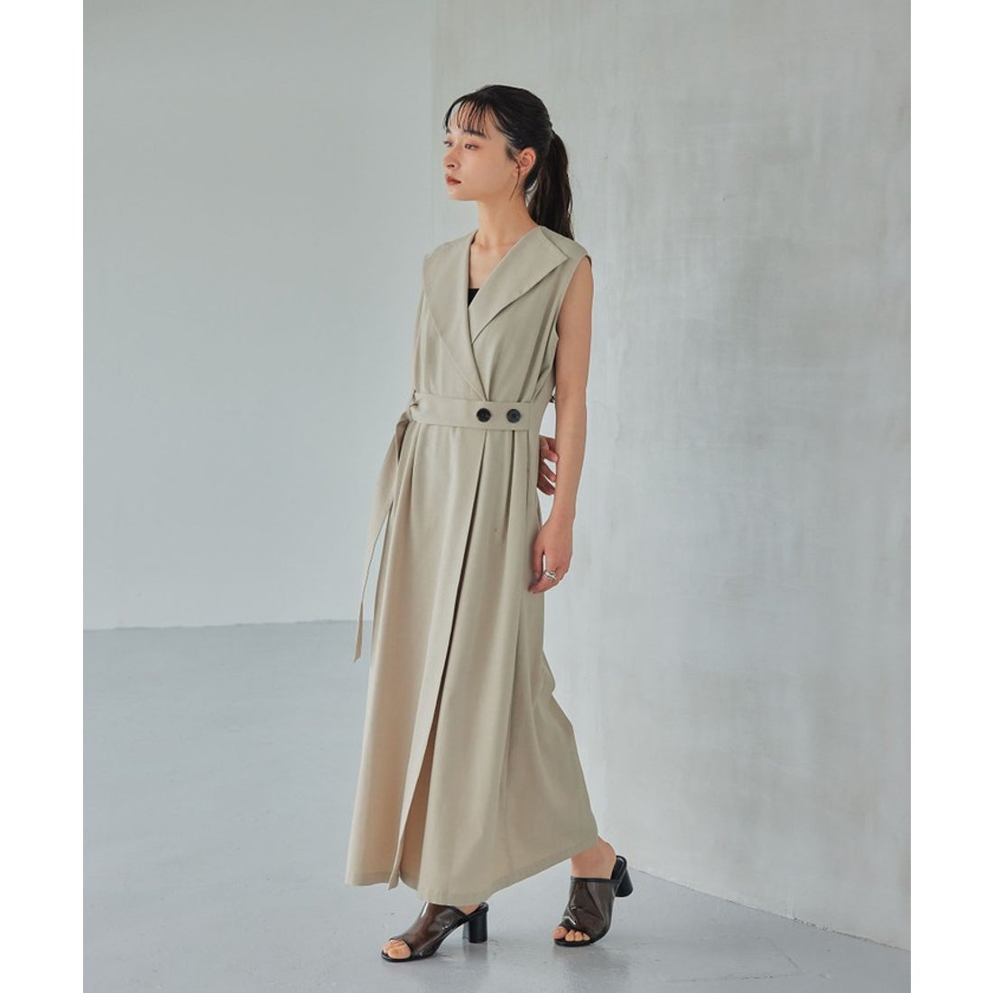 EMMEL REFINES EM ベルテッド フレア ロングコート S ネイビー EMMEL 