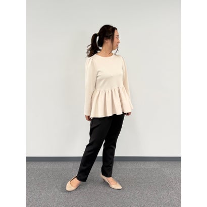 【 無敵のパンツセット 】 ハイストレッチダンボールニット・パールブラウス＆テーパードパンツセット （エクリュ）｜詳細画像