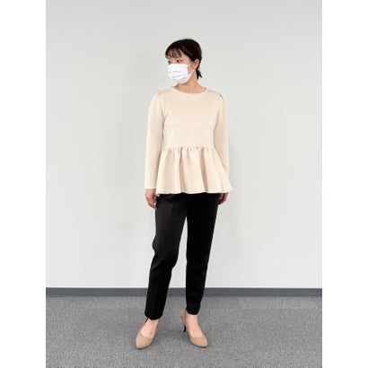 【 無敵のパンツセット 】 ハイストレッチダンボールニット・パールブラウス＆テーパードパンツセット （エクリュ）｜詳細画像