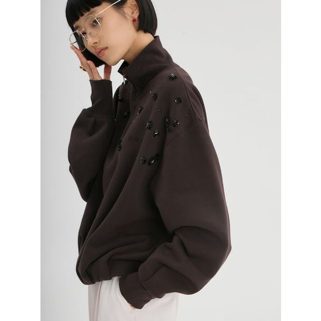 ビジューハーフジップ裏起毛スウェット【セットアップ対応】 （DBRW）