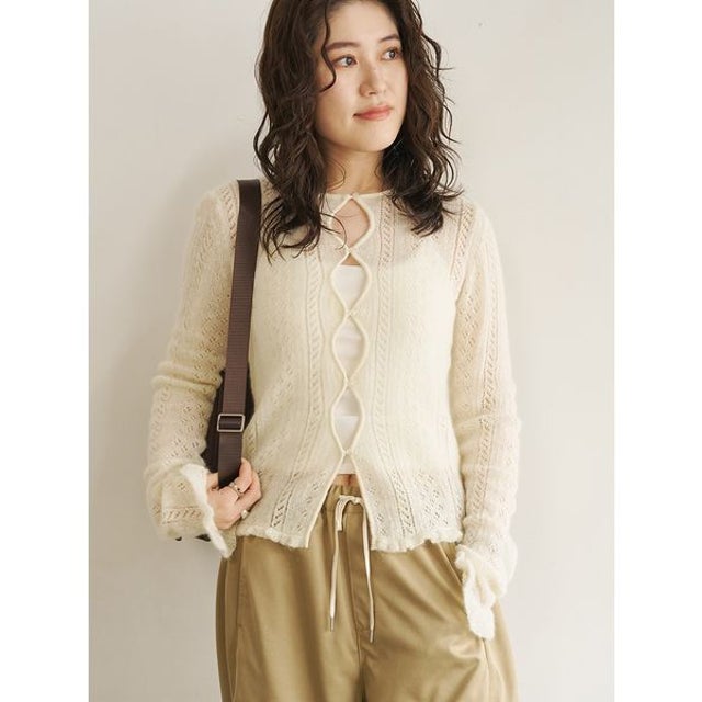 【ONLINE限定カラーあり】2way透かし編みモヘヤニットカーディガン （OWHT）