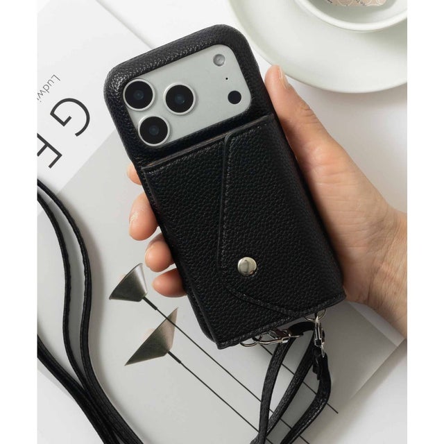 iPhone PUソフトレザー スマホケース カバー カードポケット ストラップ付 （ブラック）