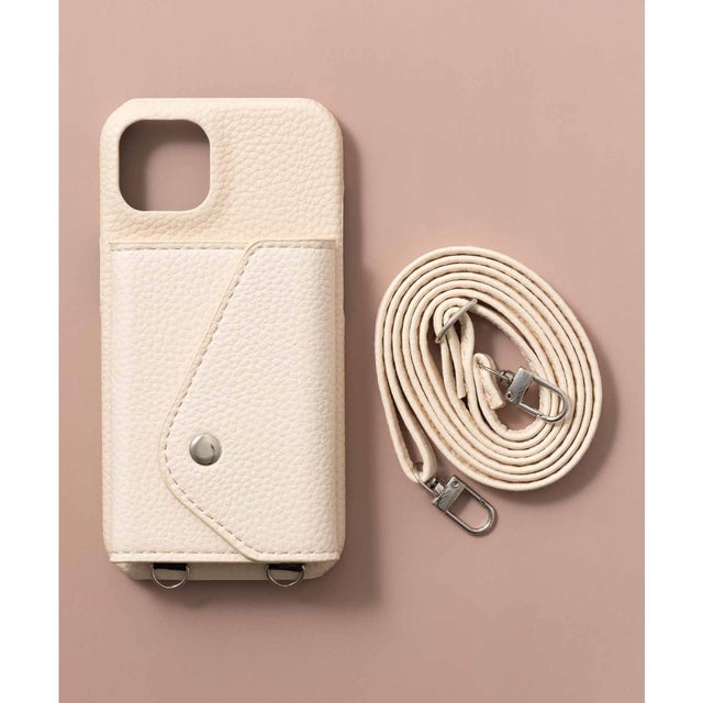 iPhone PUソフトレザー スマホケース カバー カードポケット ストラップ付 （ベージュ）